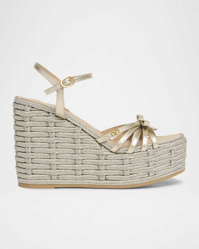 Metallic Bow Ankle-Strap Wedge Espadrilles